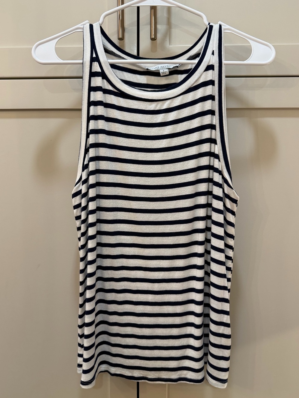 Striped Sleeveless Tank Top - White & Navy by Green Envelope-L